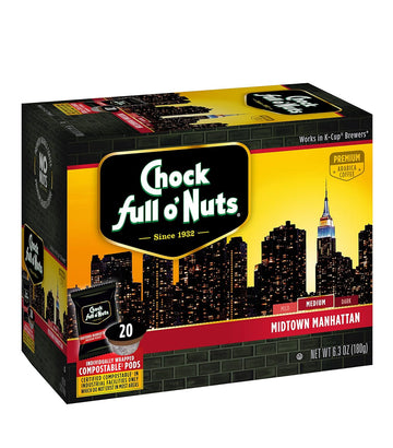 Chock Full O’Nuts Midtown Manhattan Medium Roast, K-Cup Compatible Pods (20 Count) - Arabica Coffee In Eco-Friendly Keurig-Compatible Single Serve Cups