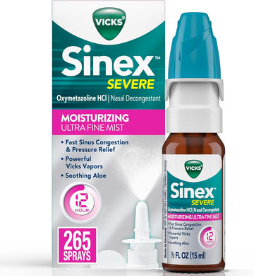 Vicks Sinex Severe Nasal Spray With Moisturizing Ultra Fine Mist, Decongestant For Stuffy Nose Relief From Cold, Allergy, Sinus Pressure - 265 Sprays