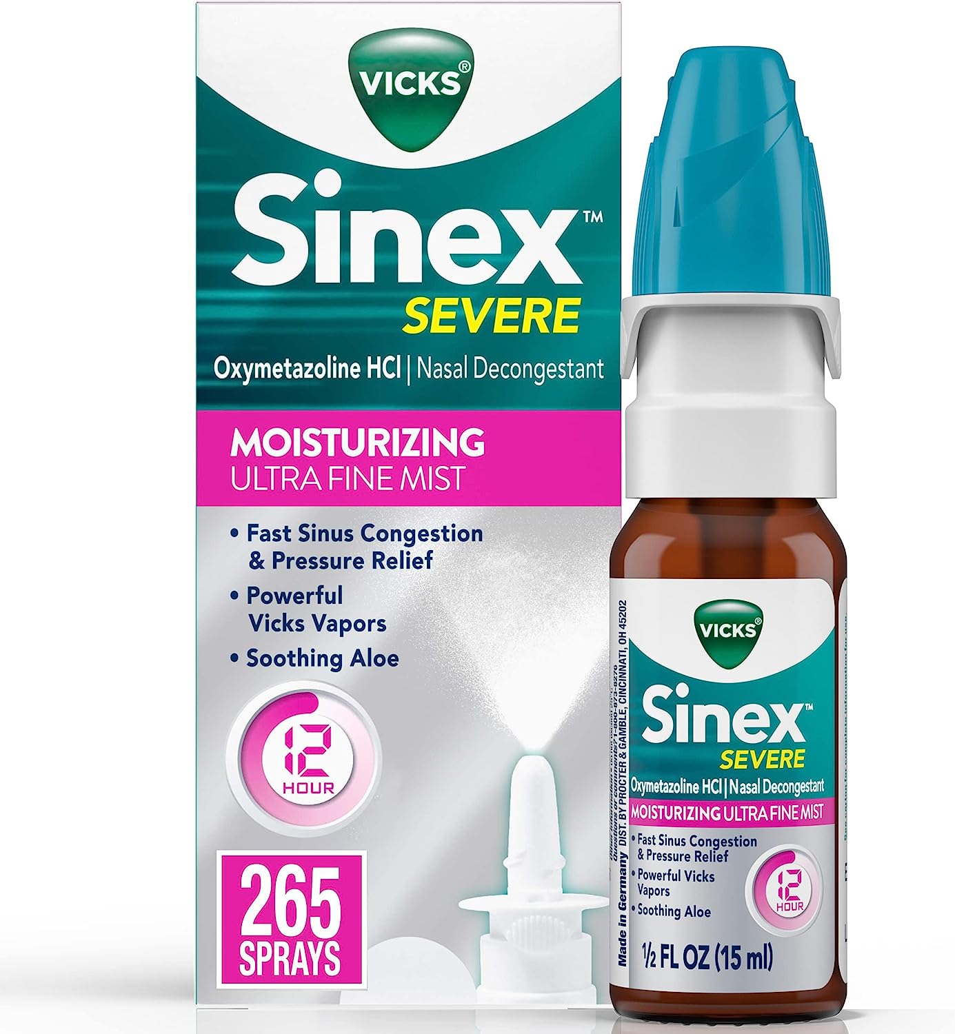 Vicks Sinex Severe Nasal Spray with Moisturizing Ultra Fine Mist, Decongestant for Stuffy Nose Relief from Cold, Allergy, Sinus Pressure - 265 Sprays