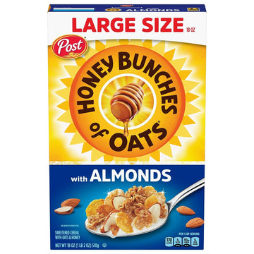 Honey Bunches of Oats with Almonds Breakfast Cereal, Honey Cereal with Granola Clusters and Sliced Almonds, Family Size Cereal, 18 OZ Box