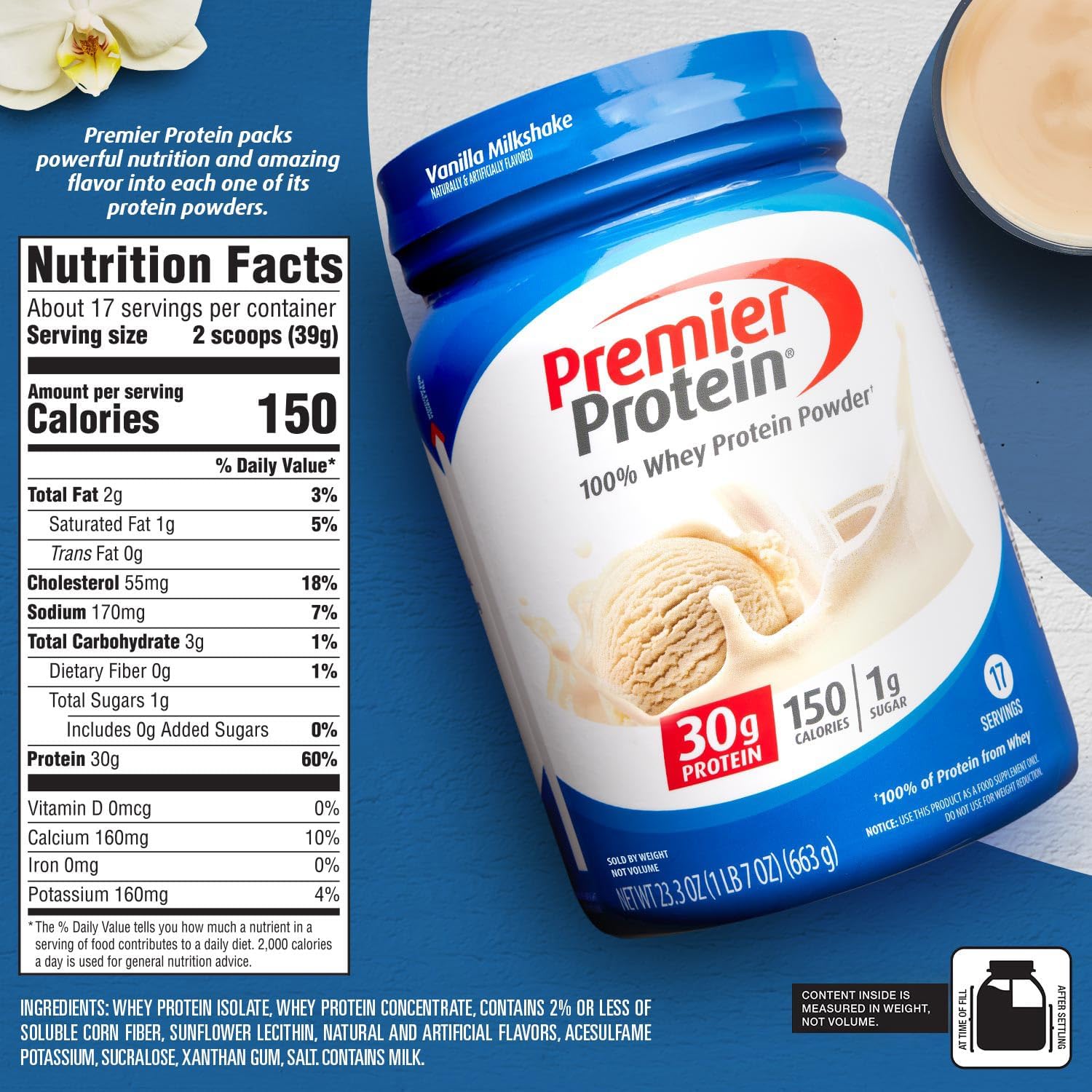 Premier Protein Powder, Vanilla Milkshake, 30g Protein, 1g Sugar, 100% Whey Protein, Keto Friendly, No Soy Ingredients, Gluten Free, 17 Servings, 23.3 Ounces : Health & Household