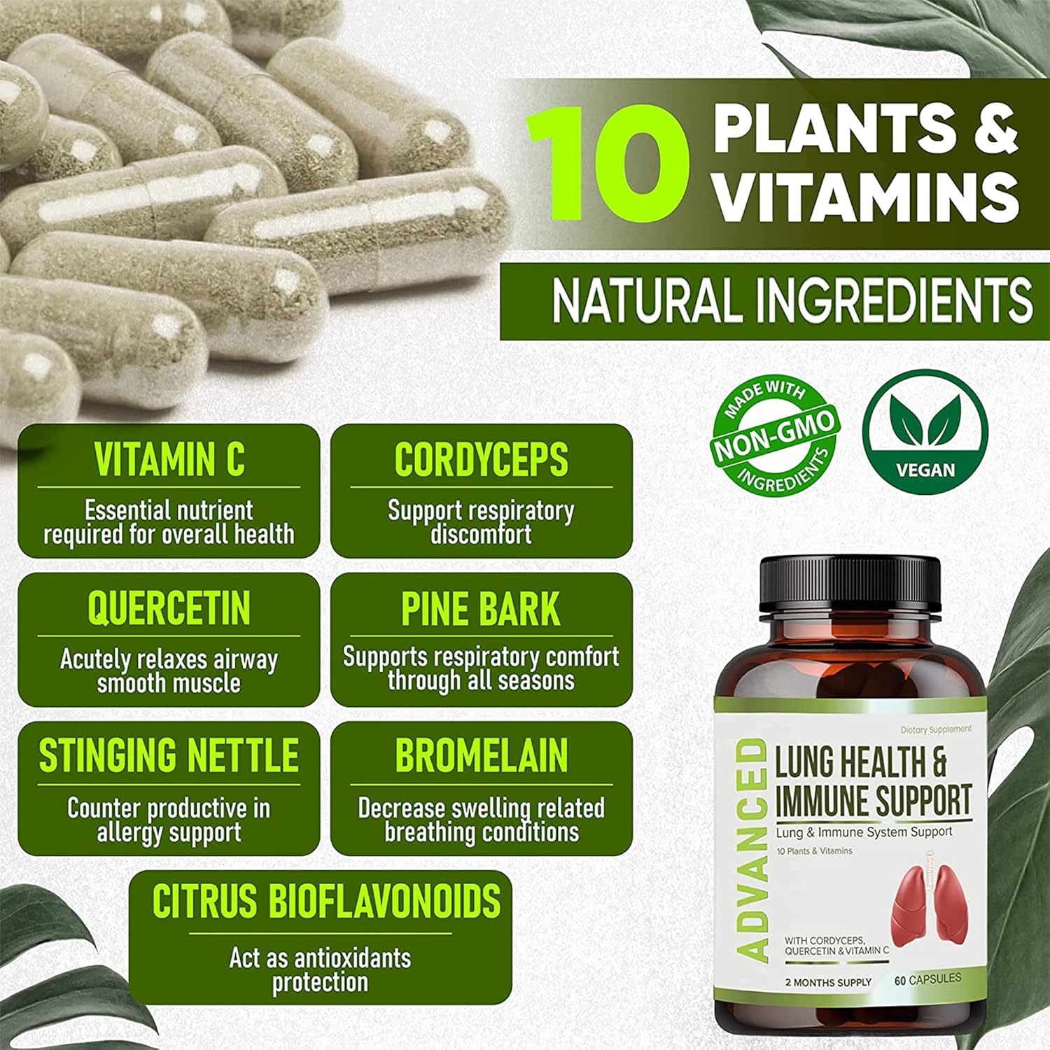 Lung Health & Immune Support Supplement - Lung Cleanse And Detox With Immunity Vitamins For Better Lungs, Immune Defense, Clear Lungs & Deep Breathing Including Quercetin & Cordyceps.Two Months Supply : Health & Household