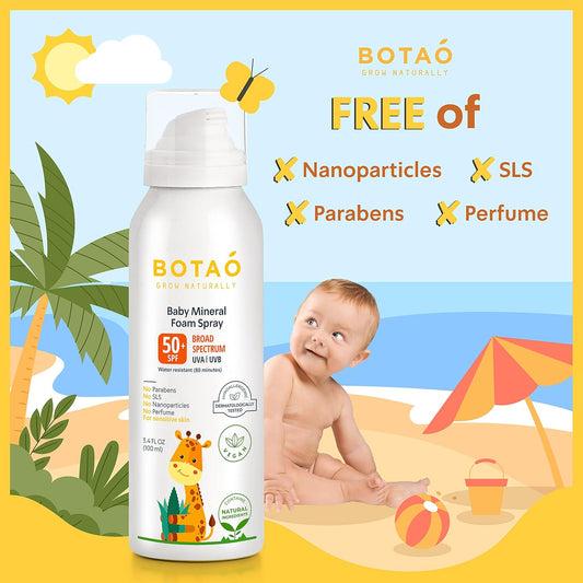 Baby’S 100% Mineral Zinc Oxide Sunscreen Foam Spray, Safe Natural Sensitive Skin Sunblock Babies Or Toddlers: Spf50 Broad Spectrum Uva Uvb, Sunburn Protection, 3.4 Oz (1-Pack)