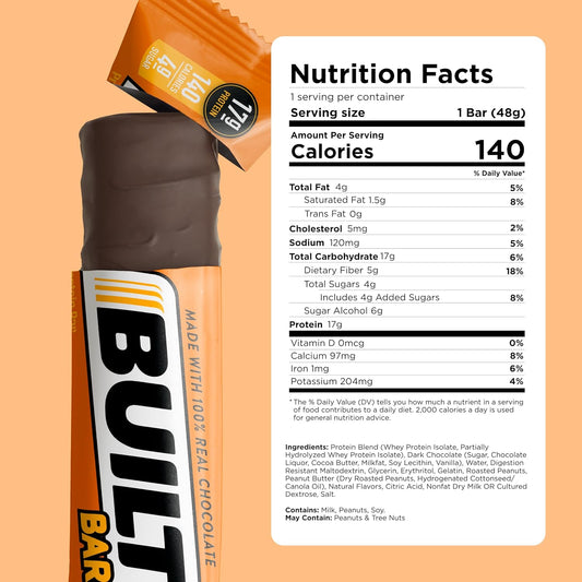 Built Protein Bars, Peanut Butter, 12 Count, 1.73Oz Bars, Gluten Free Protein Snacks With 17G Of High Protein. Chocolate Protein Bar Only 130 Calories & 4G Sugar, Great On The Go Protein Snack