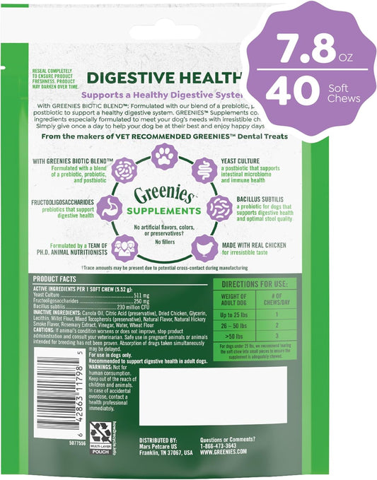 Greenies Supplements Digestive Health Probiotics For Dogs Chicken Flavor, 40 Count Soft Chews Dog Probiotics, 7.8 Oz. Pouch