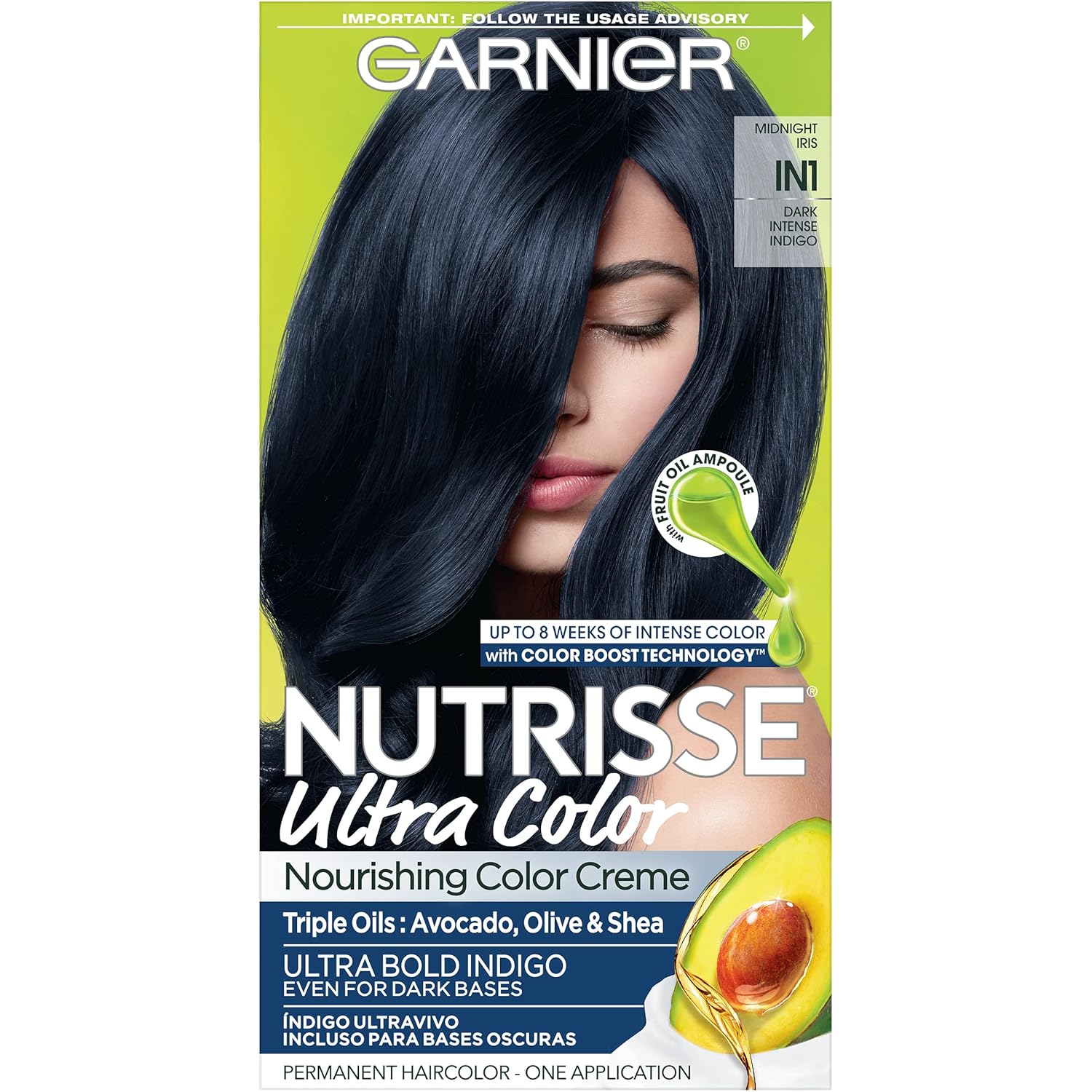 Garnier Hair Color Nutrisse Ultra Color Nourishing Creme, In1 Dark Intense Indigo (Midnight Iris) Blue Permanent Hair Dye, 1 Count (Packaging May Vary)