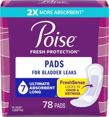 Poise Incontinence Pads & Postpartum Incontinence Pads, 7 Drop Ultra Absorbency, Long Length, 78 Count, Packaging May Vary