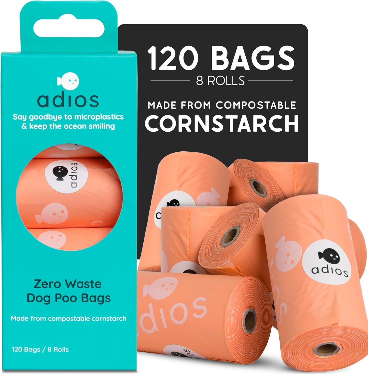 Adios - Compostable Dog Poop Bags, 120 Count (8 Rolls) - Coral Colour - Extra Thick, Leakproof, Odour Proof Dog Waste Bags - Made From Compostable Cornstarch - Easy Tear Rolls