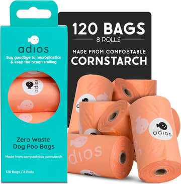 Adios - Compostable Dog Poop Bags, 120 Count (8 Rolls) - Coral Colour - Extra Thick, Leakproof, Odour Proof Dog Waste Bags - Made From Compostable Cornstarch - Easy Tear Rolls