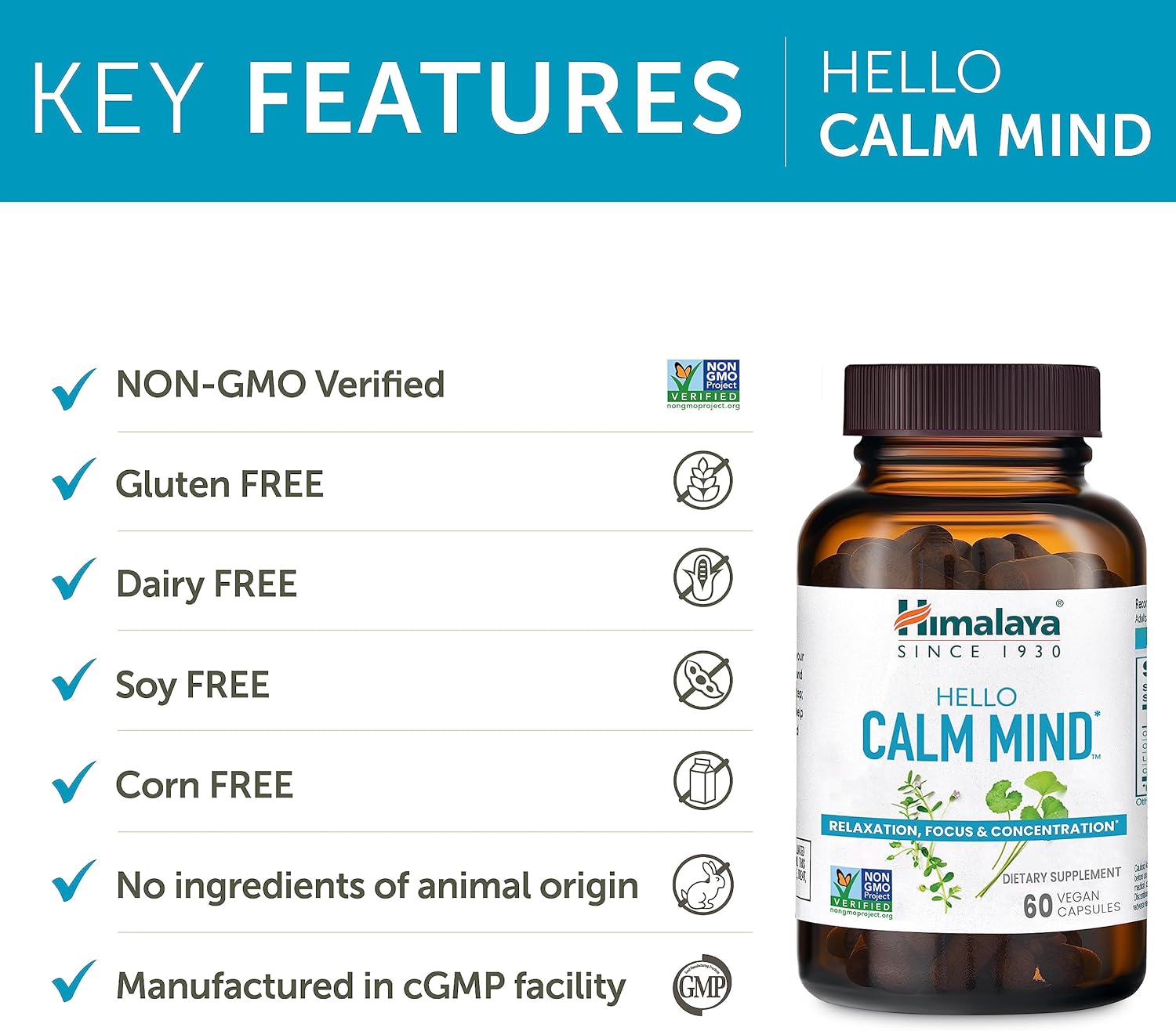 Himalaya Hello Calm Mind Herbal Supplement, with Bacopa, L-Theanine, Gotu Kola, Supports Concentration & Focus, Cognitive Function, Clear Thinking, Relaxation, Vegan, Gluten Free, 60 Capsules : Health & Household