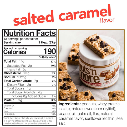 Nuts ‘N More Salted Caramel Peanut Butter Spread - High Protein, Low Carb, Low Sugar, Gluten Free, Non-Gmo, All-Natural Nut Butter Snack (15Oz Jar)