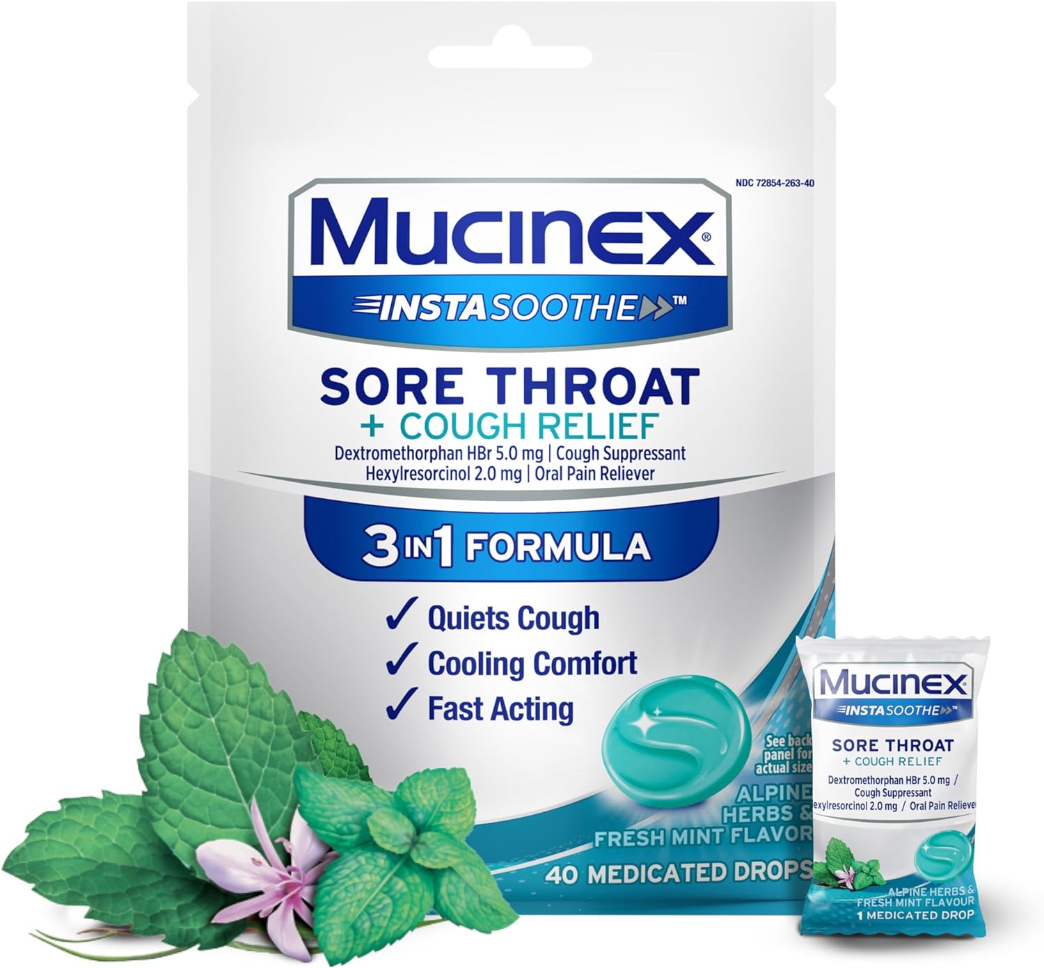 Mucinex Instasoothe Sore Throat Relief + Cough Relief, Sore Throat Lozenges, Cough Drops With Dextromethorphan Hbr & Hexylresorcinol, Alpine Herbs & Fresh Mint Flavor Medicated Throat Drops, 40Ct