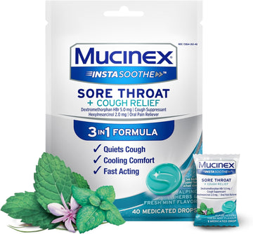 Mucinex Instasoothe Sore Throat Relief + Cough Relief, Sore Throat Lozenges, Cough Drops With Dextromethorphan Hbr & Hexylresorcinol, Alpine Herbs & Fresh Mint Flavor Medicated Throat Drops, 40Ct