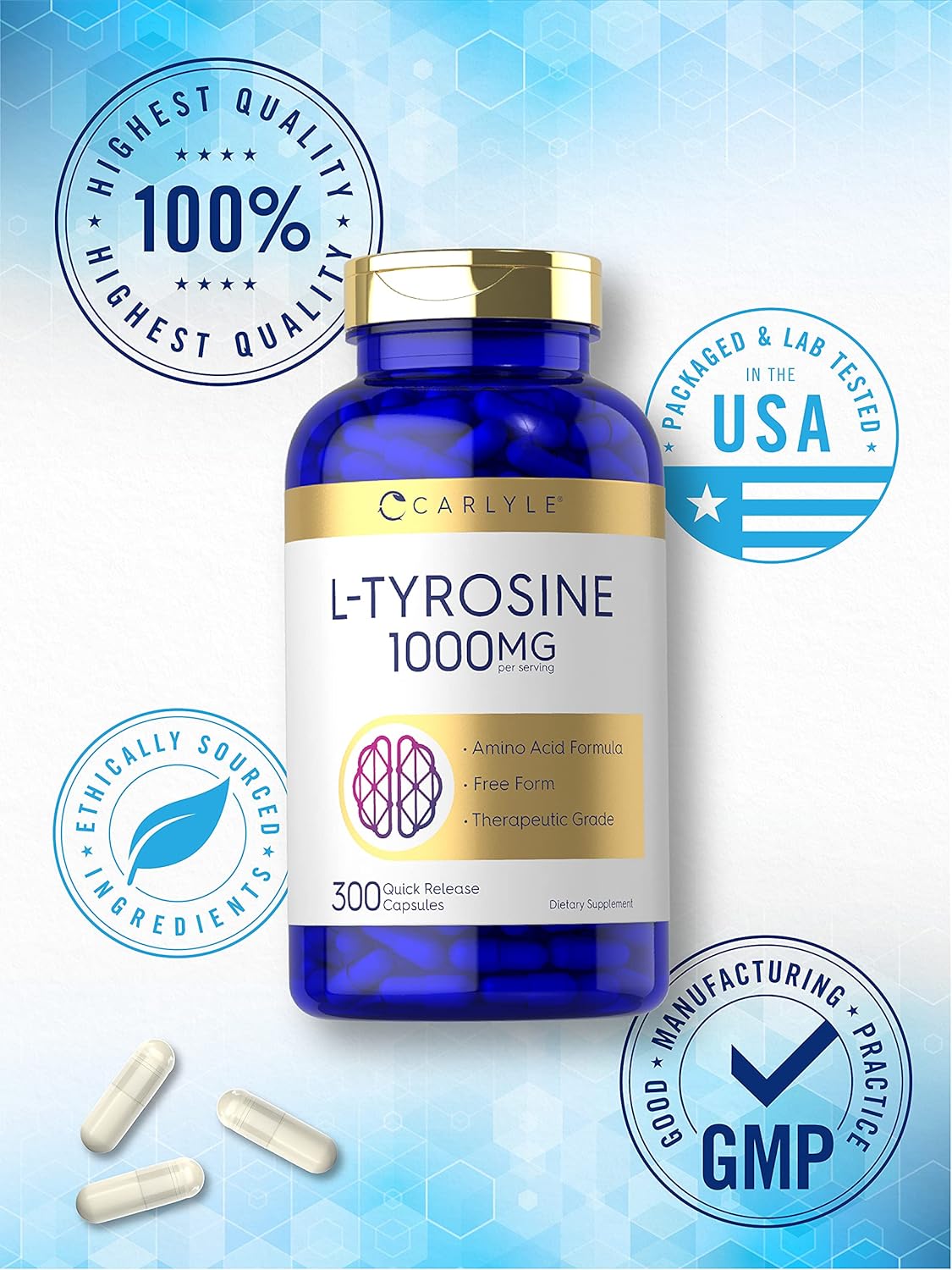 Carlyle L Tyrosine Capsules | 1000mg | 300 Count | Non-GMO & Gluten Free Supplement : Health & Household