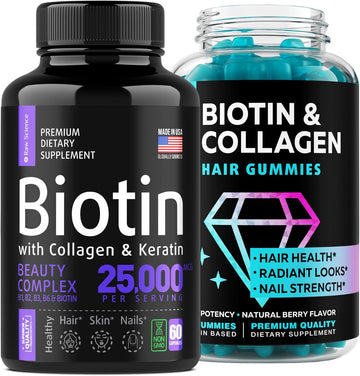 S Raw Science Hair Health Essentials - Vitamins For Healthy Hair, Skin And Nails - Biotin, Collagen, Keratin Capsules 25000Mcg 60Pcs And Hair Groqth Gummies 60Pcs