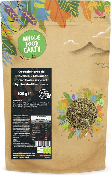 Wholefood Earth Organic Herbs De Provence - A Blend Of Dried Herbs Inspired By The Meditteranean 250 G | Gmo Free | Certified Organic