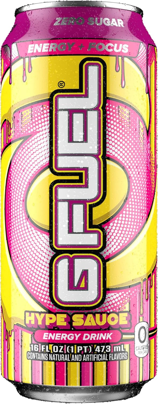 G Fuel Hype Sauce Energy Drink, Sugar Free, Healthy Drinks, Zero Calorie, 300 Mg Caffeine Per Carbonated Can, Raspberry + Lemonade Flavor, Focus Amino, Vitamin + Antioxidants Blend - 12 Pack