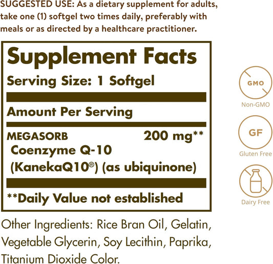 Solgar Megasorb Coq-10 200 Mg, 60 Softgels - Supports Heart & Brain Function - Coenzyme Q10 Supplement - Enhanced Absorption - Gluten Free, Dairy Free - 60 Servings