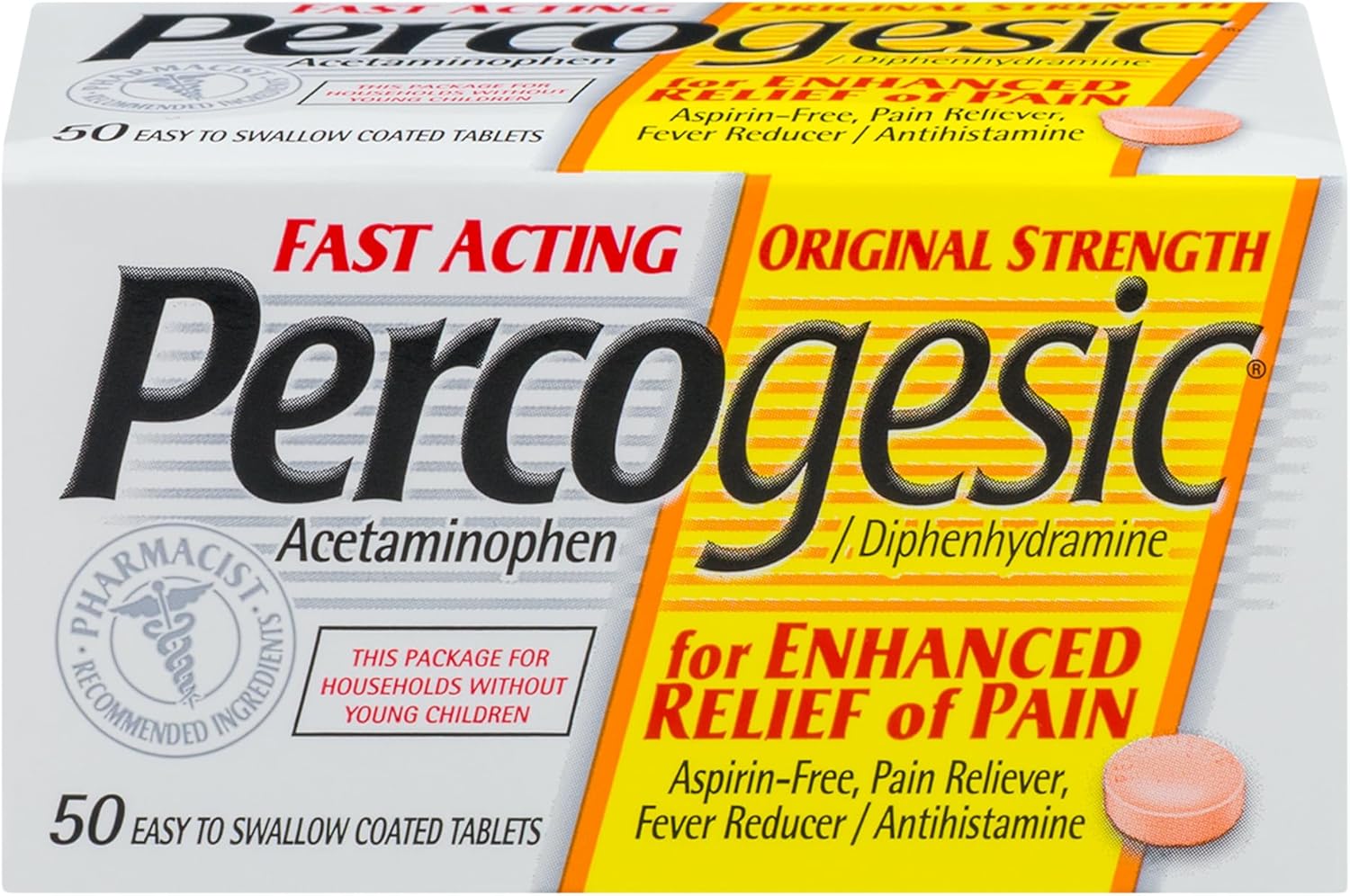 Percogesic Aspirin Free Pain Relief Tablets, Original Strength, Acetaminophen And Diphenhydramine, 50 Ct (Pack Of 1)