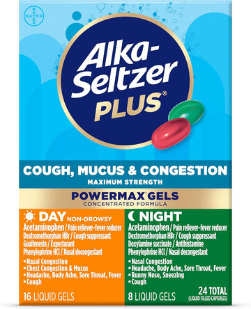 Alka-Seltzer Plus Maximum Strength, Cough Mucus & Congestion, Day+Night Powermax Liquid Gels - Fast-Acting Cough And Congestion Medicine For Adults And Children 12 Years And Older, 24 Count