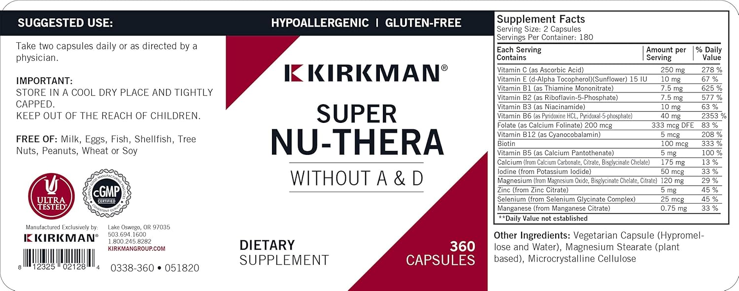 Kirkman Super Nu-Thera® w/o Vitamins A and D - Hypoallergenic | 360 Vegetarian Capsules | Multi Vitamin | Provides high Vitamin B-6 and Magnesium Content | Gluten and Casein Free : Health & Household