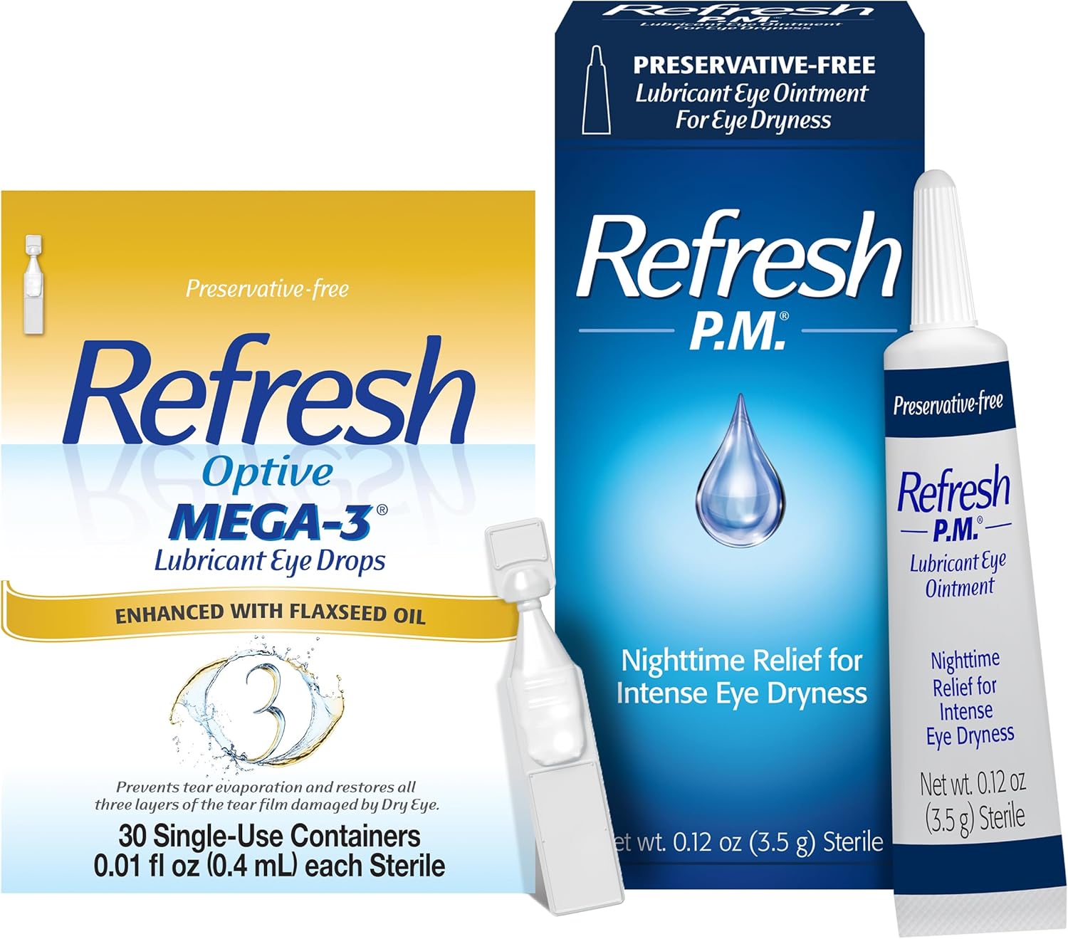 Refresh Optive Mega-3 Preservative-Free Eye Drops (0.01 Fl Oz, 30 Count) P.M. Eye Ointment, Nighttime Relief, Preservative-Free (0.12 Oz)