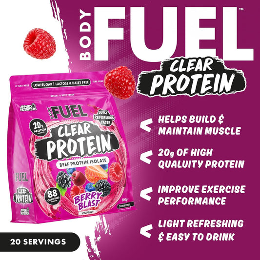 Bodyfuel Clear Protein - Beef Protein Isolate - Clear & Refreshing - Best Low Sugar & Lactose-Free Protein Supplement - Muscle Support (500G - 20 Servings) (Berry Blast)