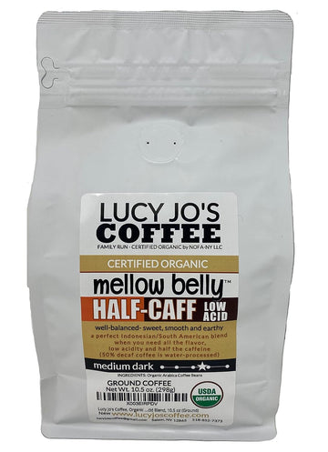 Lucy Jo'S Coffee, Organic Mellow Belly Half-Caff Low Acid Blend, Medium Dark, 10.5 Oz (Ground)