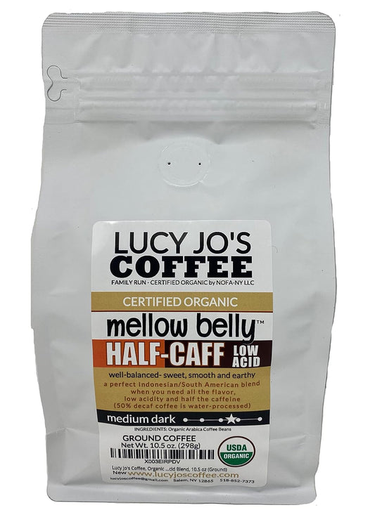Lucy Jo'S Coffee, Organic Mellow Belly Half-Caff Low Acid Blend, Medium Dark, 10.5 Oz (Ground)