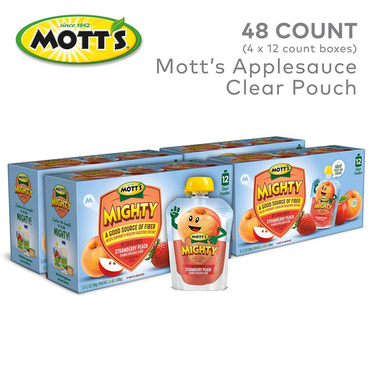 Mott'S Mighty Strawberry Peach Applesauce, 3.2 Oz Clear Pouches, 48 Count (4 Packs Of 12), No Sugar Added, Good Source Of Fiber, Supports A Healthy Digestive System, Gluten-Free, Kosher