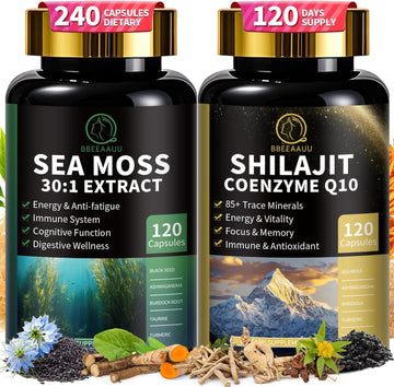 Sea Moss And Shilajit Bundle, All In 1 Supplements With Shilajit 400Mg, Sea Moss 680Mg, Coenzyme Q10, Black Seed, Ashwagandha, Burdock For Energy, Antioxidant & Immune Support, 240 Capsules