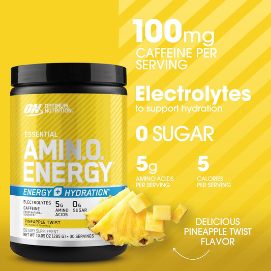 Optimum Nutrition Amino Energy Powder Plus Hydration, With Bcaa, Electrolytes, And Caffeine, Pineapple Twist, 30 Servings (Packaging May Vary)