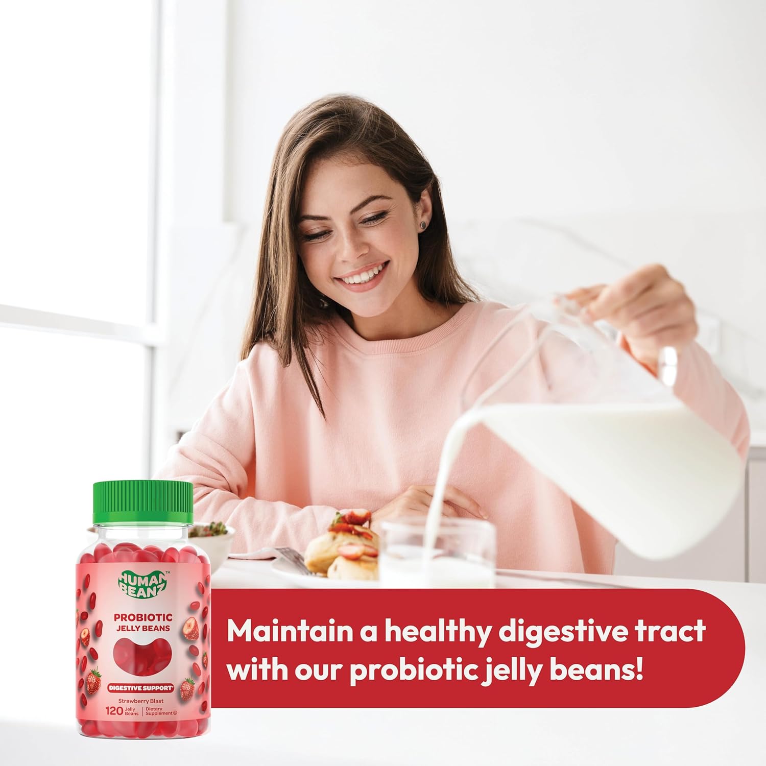 Human Beanz Probiotic Jelly Bean Gummies For Men And Women, Probiotic Supplements For Digestive Health, Nutritional Vegetarian Supplements, 120 Strawberry Blast Jelly Beans, Kosher : Health & Household