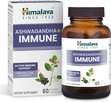 Himalaya Ashwagandha+ Immune With Ashwagandha, Elderberry, Zinc & Vitamin C For Active Immune Support, 60 Capsules, 1 Month Supply, Vegan, Gluten Free