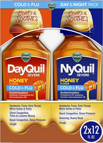 Vicks DayQuil & NyQuil Severe Combo Pack, Max Strength Cold & Flu Medicine for Fever, Sore Throat, Stuffy Nose - 2 x 12 oz Bottles
