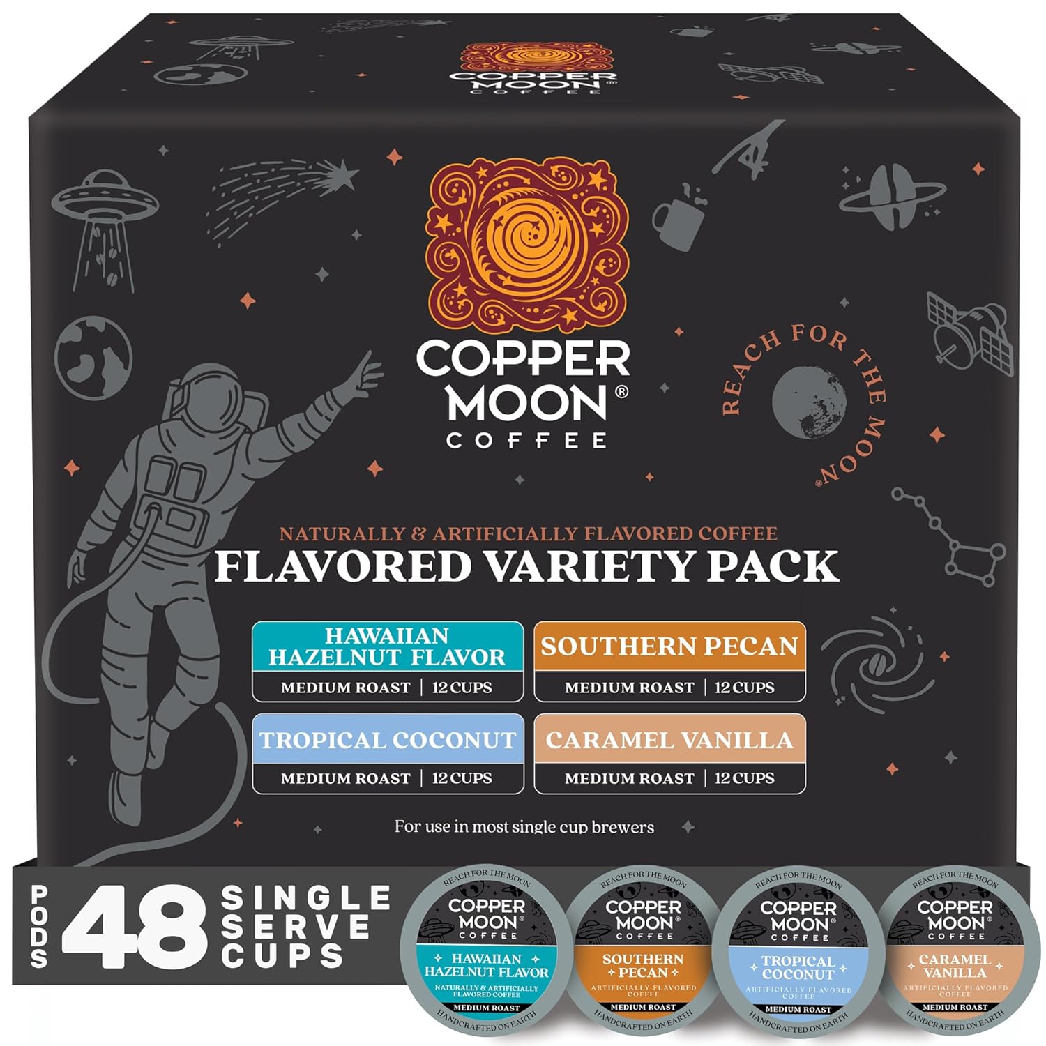 Copper Moon Single Serve Coffee Pods For Keurig K-Cup Brewers, Light/Medium Roast, Flavored Variety Pack, 12 Count (Pack Of 4)