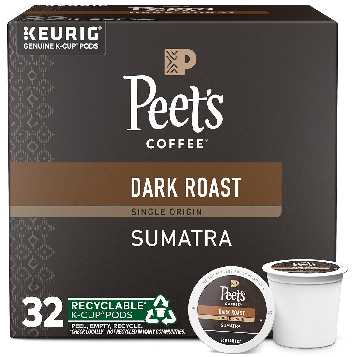 Peet's Coffee, Dark Roast K-Cup Pods for Keurig Brewers - Single Origin Sumatra 32 Count (1 Box of 32 K-Cup Pods) Packaging May Vary