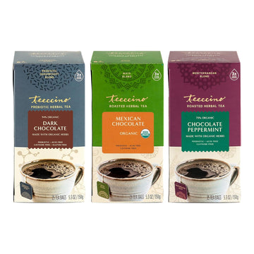 Teeccino Chocolate Lover’S Tea Variety Pack - Dark Chocolate, Mexican Chocolate, Chocolate Peppermint - Roasted Herbal Tea That’S Caffeine Free & Prebiotic For Natural Energy, 25 Tea Bags (Pack Of 3)