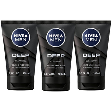 Nivea Men Deep Cleansing Beard And Face Wash, Natural Charcoal Facial Cleanser Helps Remove Dirt And Excess Oils, 3 Pack Of 3.3 Fl Oz Tubes