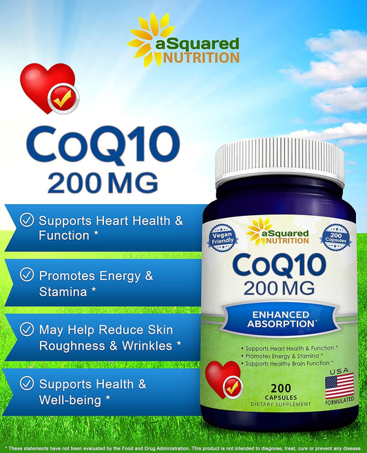 Asquared Nutrition Coq10 200Mg - 60 Capsules - Co Q 10 Supplement - Coenzyme Q10 Ubiquinone Pills - Vegan Coq-10 Extra Antioxidant Vitamin - Alternative To Softgels & Gummies