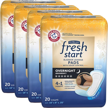 Fitright Fresh Start Postpartum And Incontinence Pads For Women, Overnight Absorbency (80 Count) Bladder Leakage Pads With The Odor-Control Power Of Arm & Hammer (20 Count, Pack Of 4)