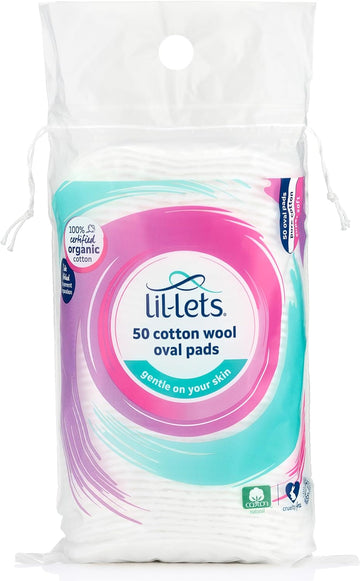 Lil-Lets Cotton Wool Oval Pads, 50 Count, Certified Organic, 100% Pure Cotton Wool, Extra Large, Soft and Absorbent, Gentle on Skin, Dermatologically Tested