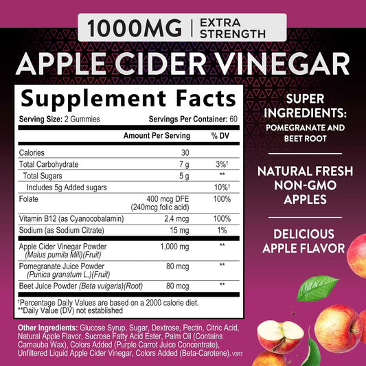 Nature'S Nutrition Apple Vinegar Gummy For Weight Loss 1000Mg - Vegan Apple Cider Vinegar Gummies For Detox & Cleanse, Acv Supplement Pills, Vitamin B12, Beetroot & Pomegranate, Non-Gmo - 120 Gummies
