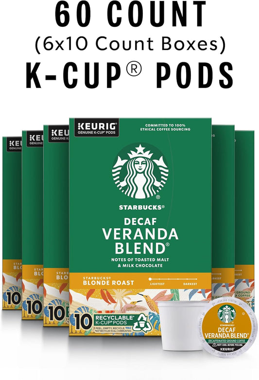 Starbucks K-Cup Coffee Pods, Starbucks Blonde Roast Coffee, Decaf Veranda Blend, 100% Arabica, 6 Boxes (60 Pods Total)