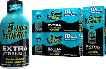 5-Hour Energy Shots Extra Strength | Blue Raspberry Flavor | 1.93 Oz. 30 Count | Sugar Free, Zero Calories | Amino Acids And Essential B Vitamins | Dietary Supplement | Feel Alert And Energized