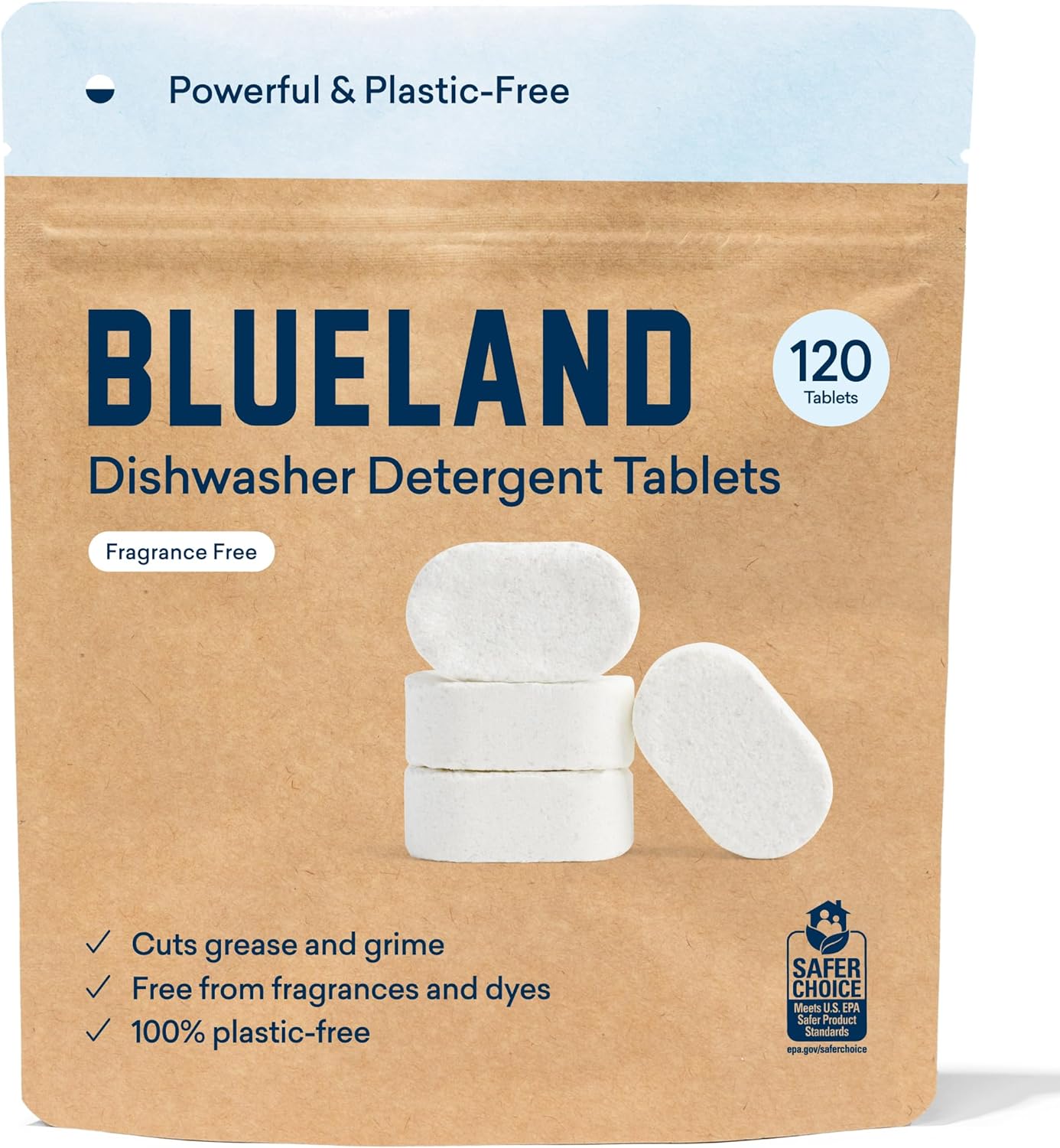 BLUELAND Plastic-Free Dishwasher Detergent Tablets, 120 Count, Unscented