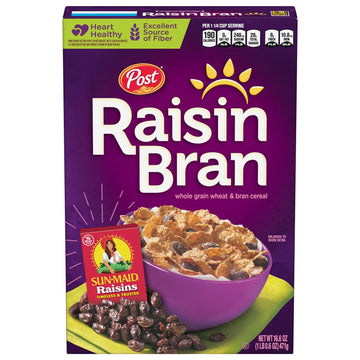 Post Raisin Bran, Whole Grain Wheat & Bran Breakfast Cereal, Kosher Cereal, 16.6 Ounces - 12 Boxes