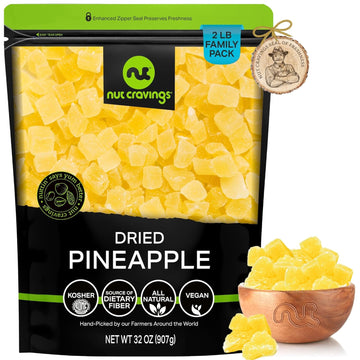 Nut Cravings Dry Fruits - Sun Dried Pineapple Chunks, with Sugar Added (32oz - 2 LB) Packed Fresh in Resealable Bag - Sweet Snack, Healthy Food, All Natural, Vegan, Kosher Certified