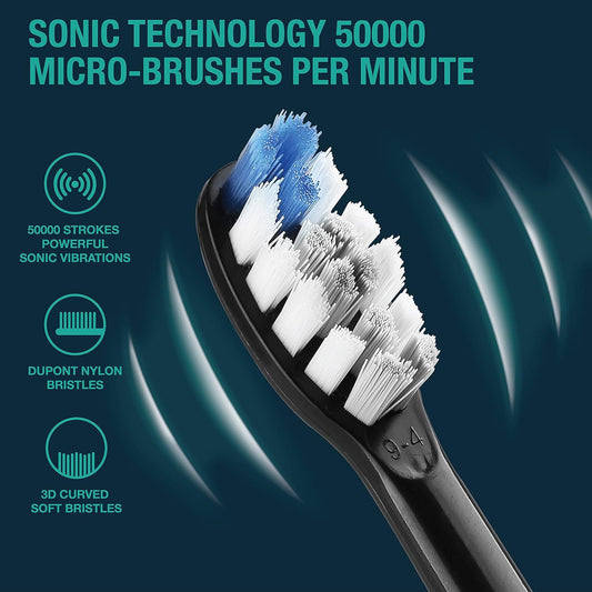 Vekkia Electric Toothbrush, Sonic Cleaning Rechargeable Toothbrush with Timer, Pressure Sensor, 4 Modes, 4 Brush Heads, Charge Lasts for 180 Days, Best Toothbrush for Adults (Black Diamond)