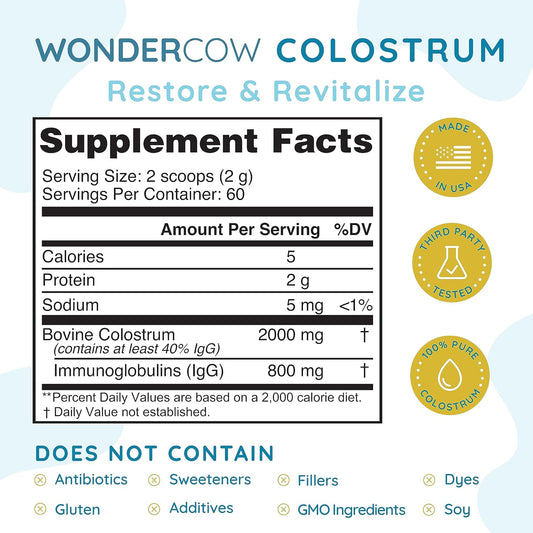 Colostrum Powder Supplement for Gut Health, Immune Support, Muscle Recovery & Wellness | 40% IgG Highly Concentrated Pure Bovine Colostrum Superfood, Gluten Free, Unflavored, 60 Servings